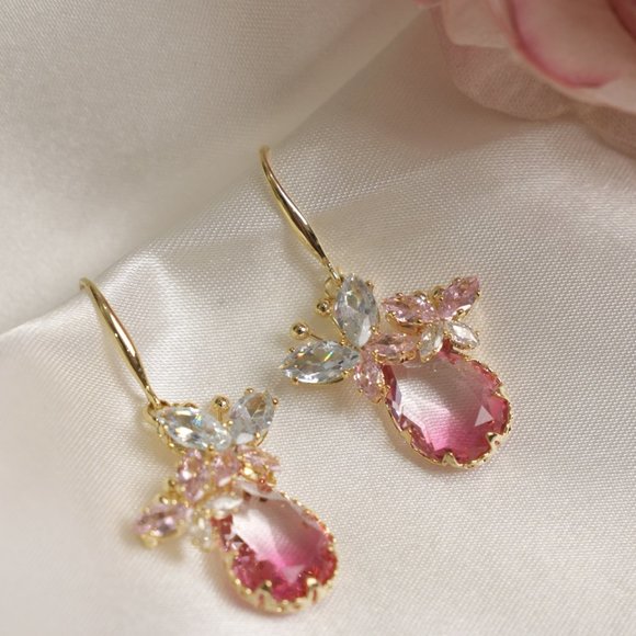 Zircon Rose Quartz Butterfly Drop Earrings - Picture 7 of 11